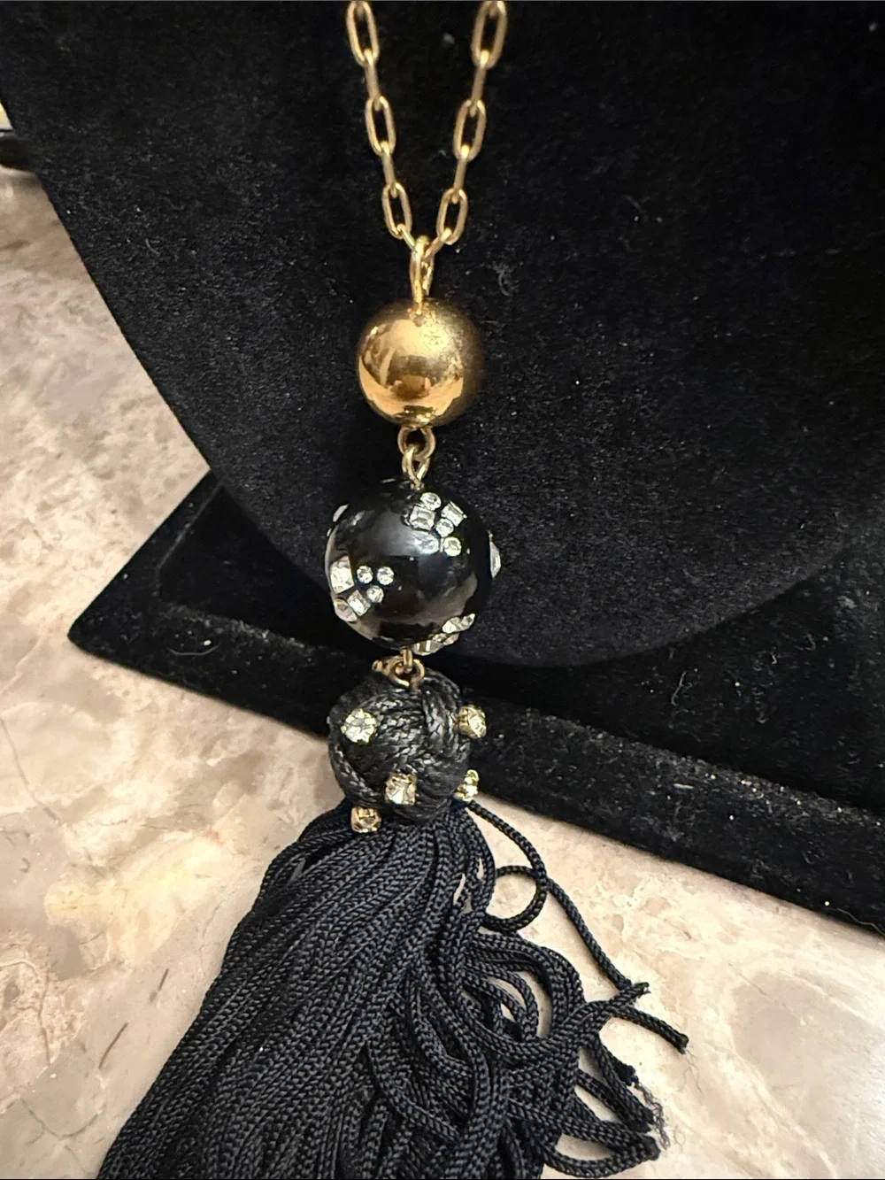 Vintage J.Crew gold tone, black fabric, tassel, and rhinestone pendant necklace